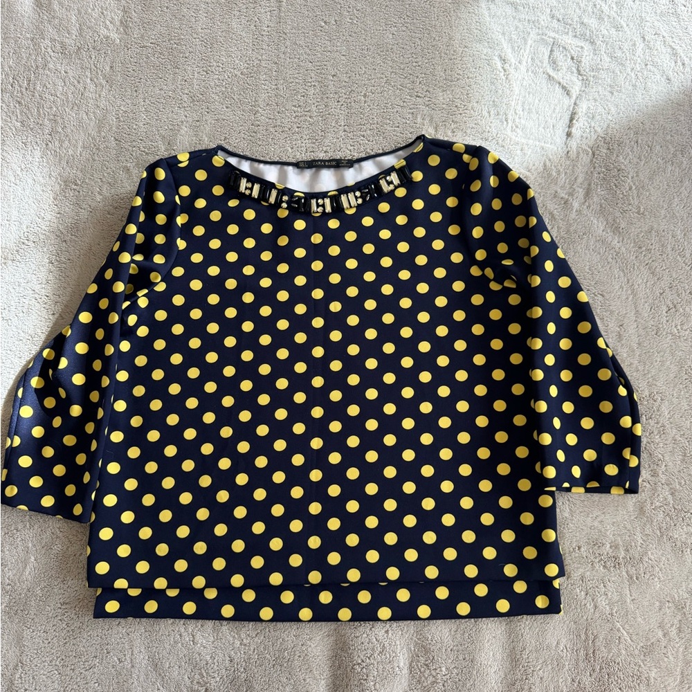 Zara Basic Navy and Yellow Polka Dot 3/4 Sleeve Top